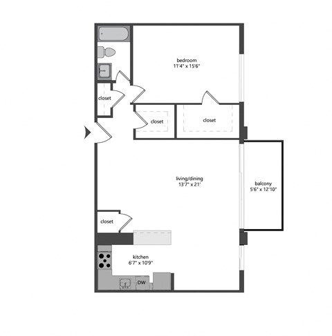 Floor plan for 1 bed, 1 bath, 839 sqft